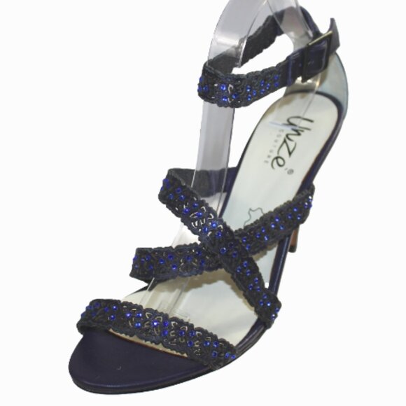 Unze Couture Crystal Embellished Midnight Blue Ankle Wrap Strappy Stiletto - Picture 4 of 7